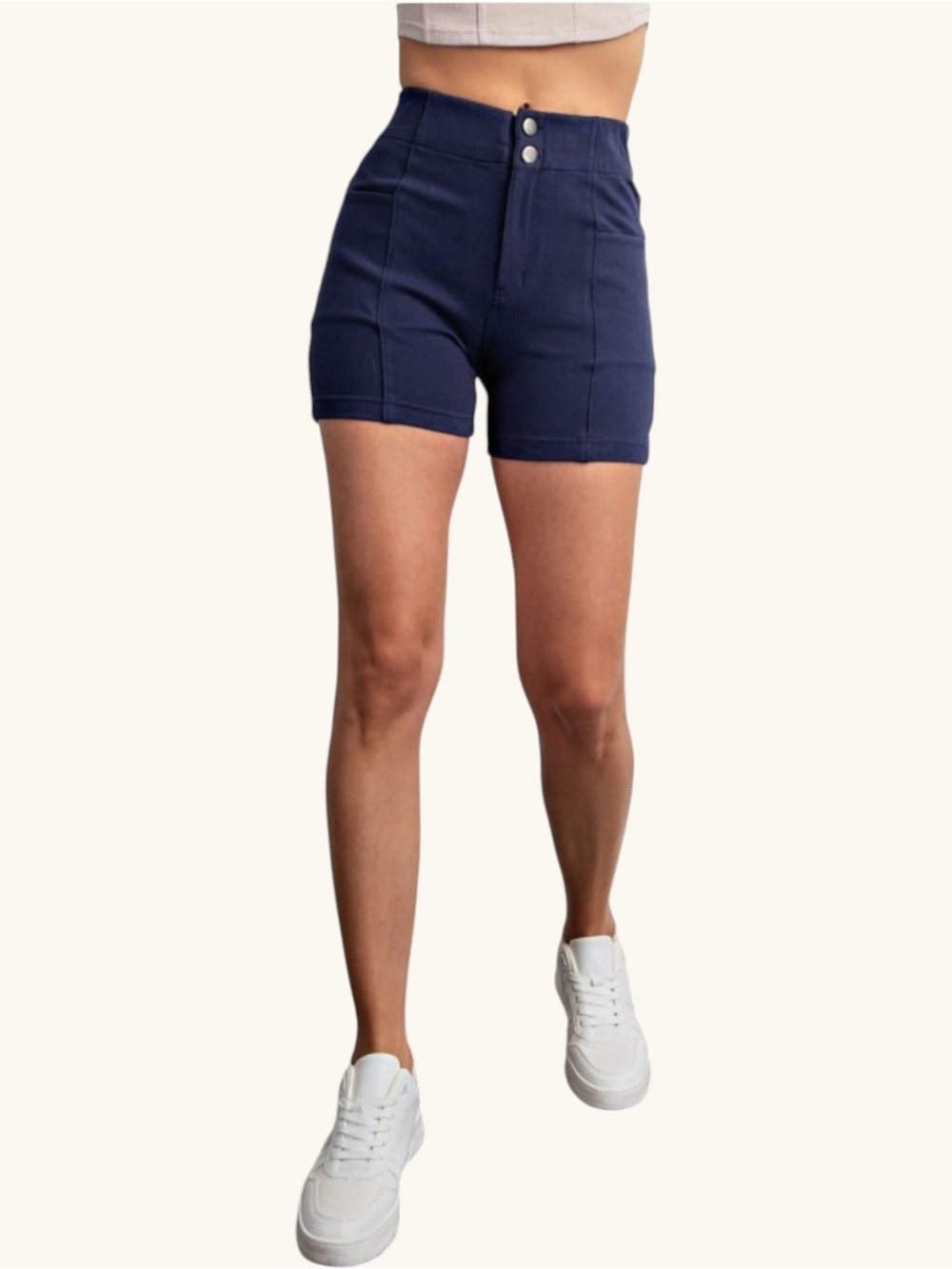 7156. Rae Mode High-Waist Navy Cotton Twill Women’s Stretch Shorts